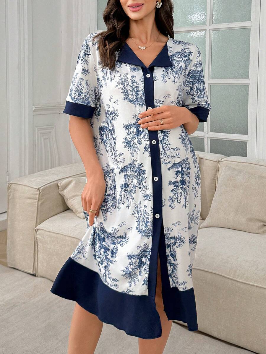 Chinese Style Landscape Print Patchwork Maternity Cardigan Long Nightgown Women Elegant Pregnancy Sleepwear