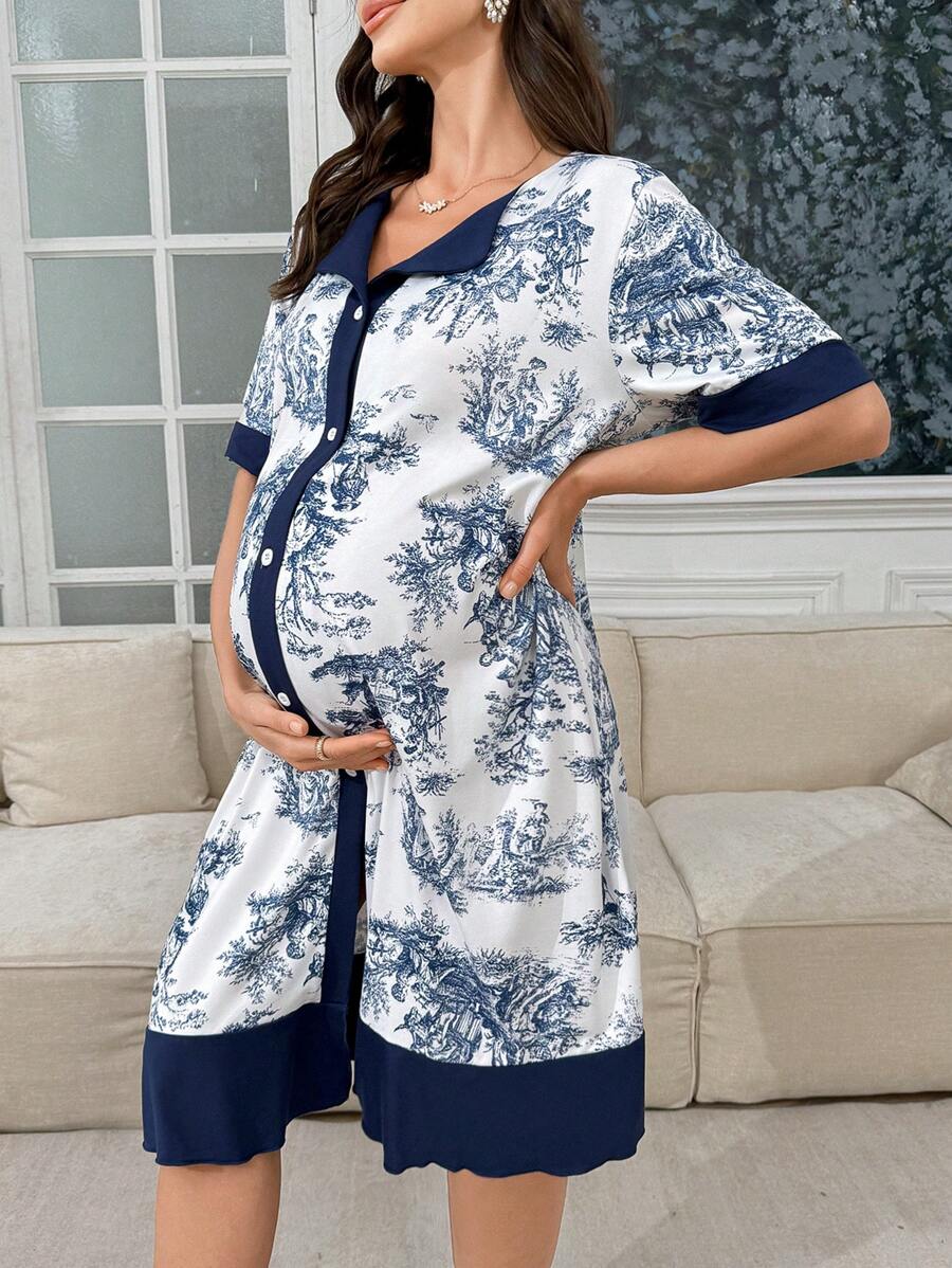 Chinese Style Landscape Print Patchwork Maternity Cardigan Long Nightgown Women Elegant Pregnancy Sleepwear