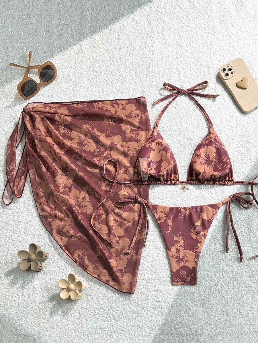 Women's 3-Piece Halter Bikini Set - Beach Dress, Tie-Up, Skirt Bottom, Blue