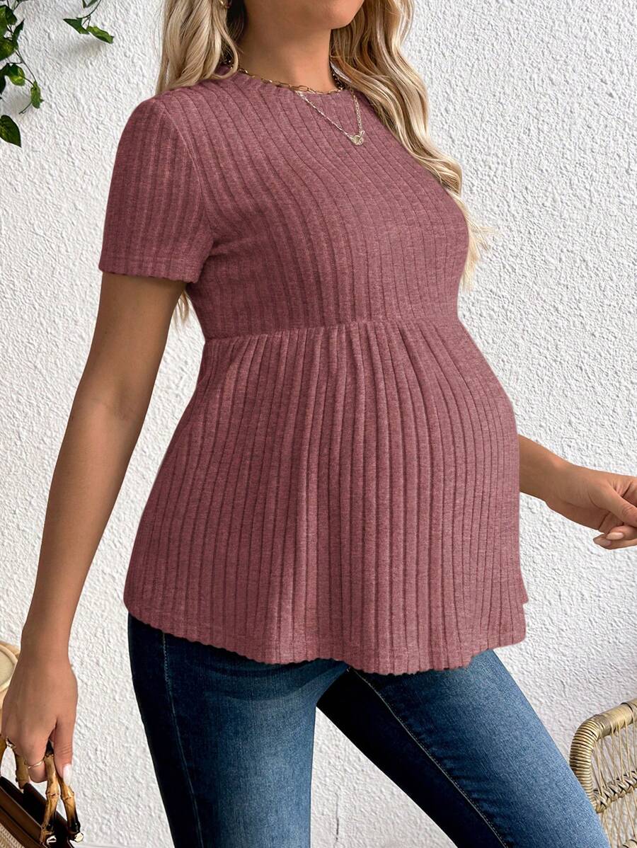 Maternity Apricot Short Sleeve Ruffle Hem Long Tunic Top - Slim Fit Ribbed Knit Casual Round Neck Flared Maternity Shirt