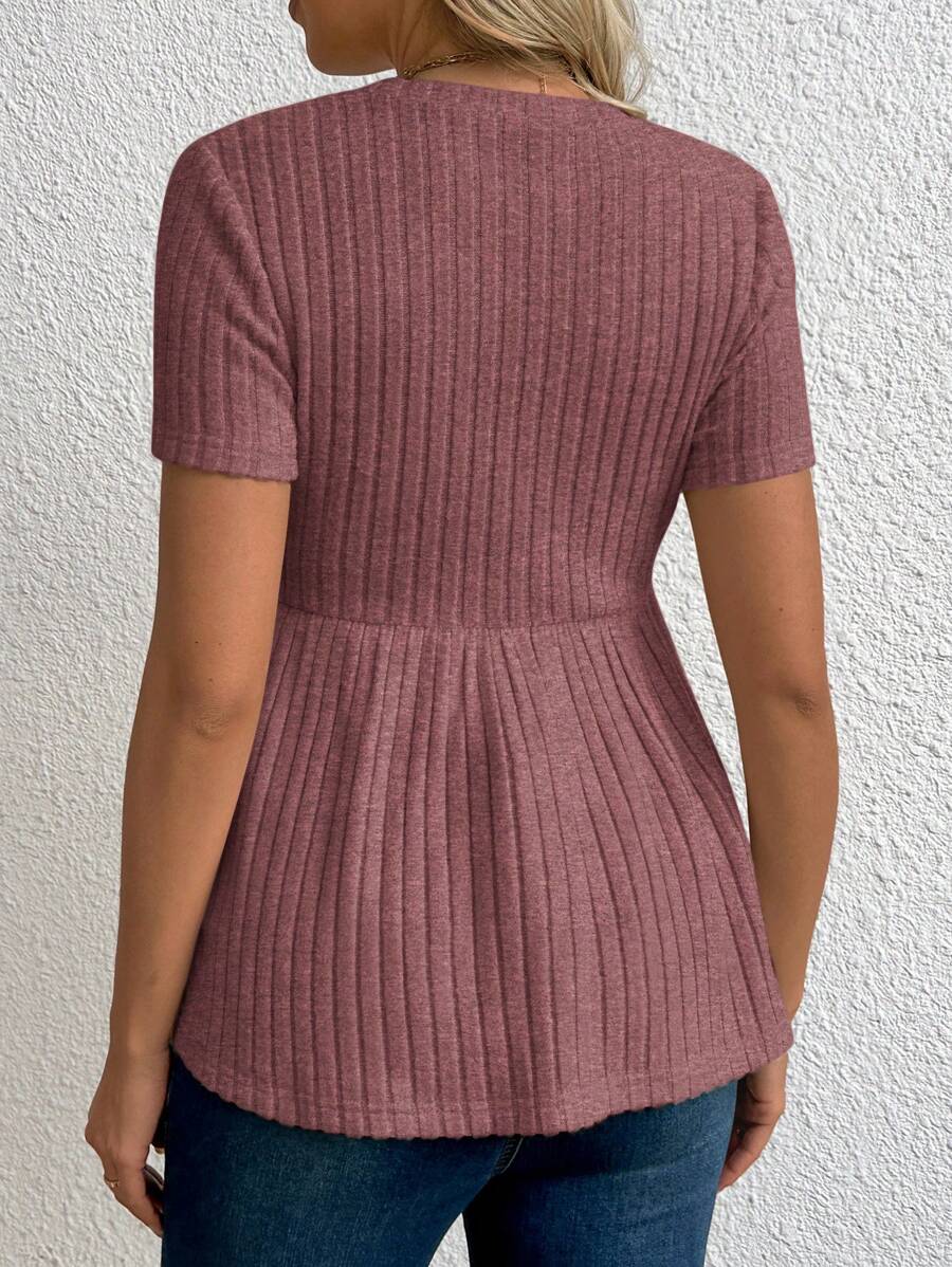Maternity Apricot Short Sleeve Ruffle Hem Long Tunic Top - Slim Fit Ribbed Knit Casual Round Neck Flared Maternity Shirt