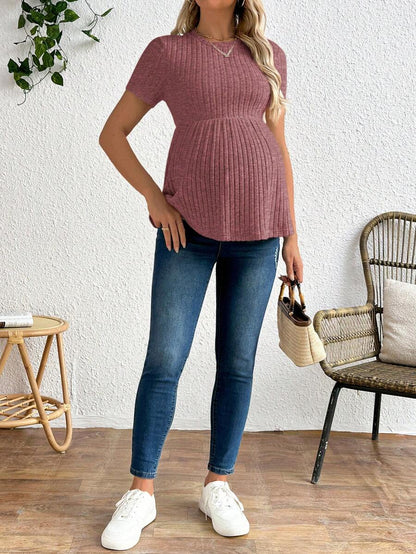Maternity Apricot Short Sleeve Ruffle Hem Long Tunic Top - Slim Fit Ribbed Knit Casual Round Neck Flared Maternity Shirt
