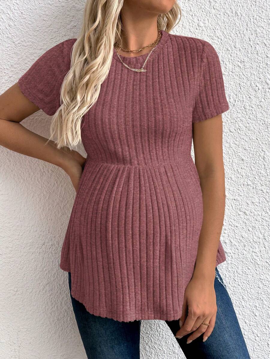 Maternity Apricot Short Sleeve Ruffle Hem Long Tunic Top - Slim Fit Ribbed Knit Casual Round Neck Flared Maternity Shirt