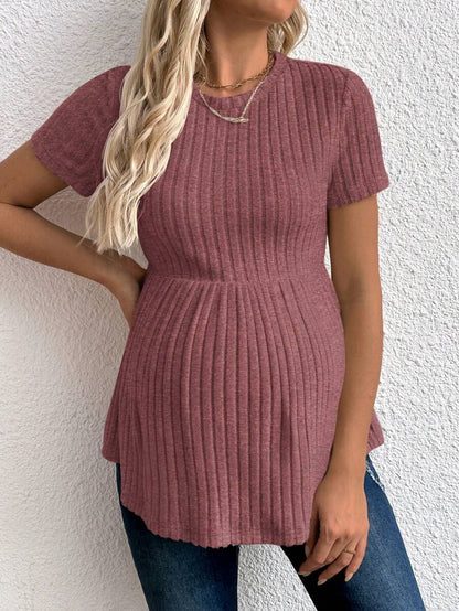 Maternity Apricot Short Sleeve Ruffle Hem Long Tunic Top - Slim Fit Ribbed Knit Casual Round Neck Flared Maternity Shirt