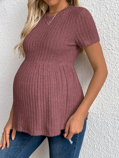 Maternity Apricot Short Sleeve Ruffle Hem Long Tunic Top - Slim Fit Ribbed Knit Casual Round Neck Flared Maternity Shirt