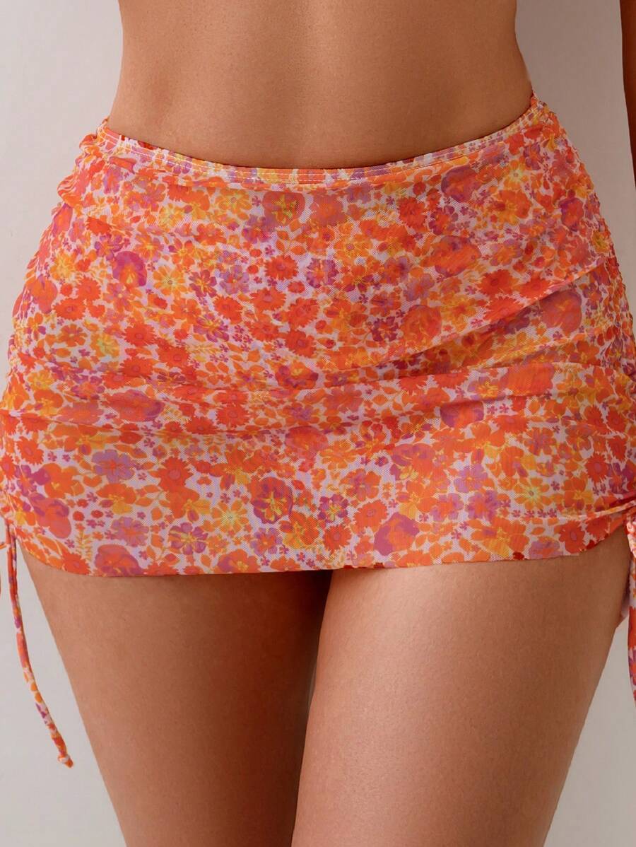 Women's 3-Piece Leopard Print Bikini Set - Halter Triangle Cup, Mesh Skirt, Tie Side, Multicolor
