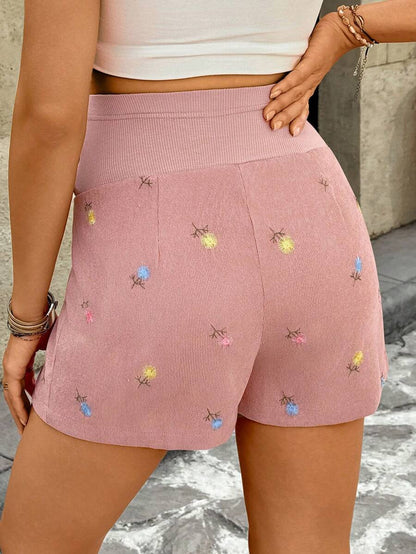 Maternity Floral Embroidery Shorts - Adjustable Waist, Ultra High Waist, Pink