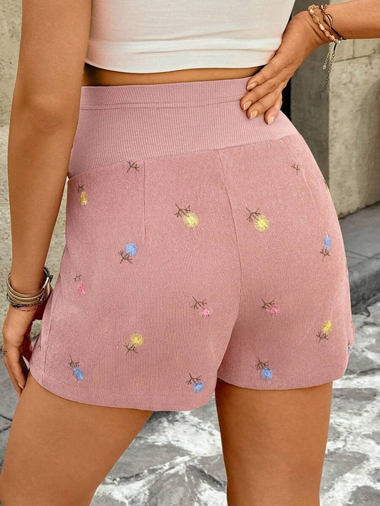 Maternity Floral Embroidery Shorts - Adjustable Waist, Ultra High Waist, Pink