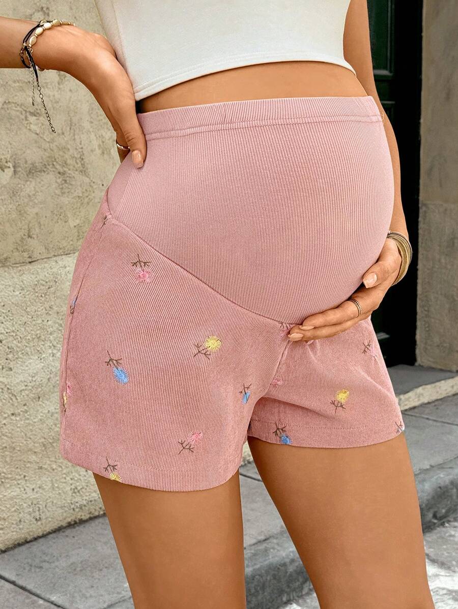 Maternity Floral Embroidery Shorts - Adjustable Waist, Ultra High Waist, Pink