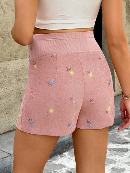 Maternity Floral Embroidery Shorts - Adjustable Waist, Ultra High Waist, Pink