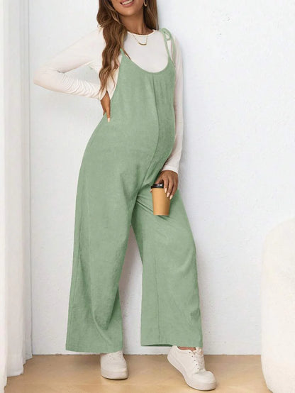 Maternity Casual Spaghetti Strap Bow Knot Long Jumpsuit Mocha Brown Regular Fit Sleeveless Overall for Daily Wear and Easter