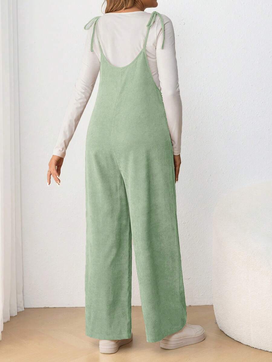 Maternity Casual Spaghetti Strap Bow Knot Long Jumpsuit Mocha Brown Regular Fit Sleeveless Overall for Daily Wear and Easter
