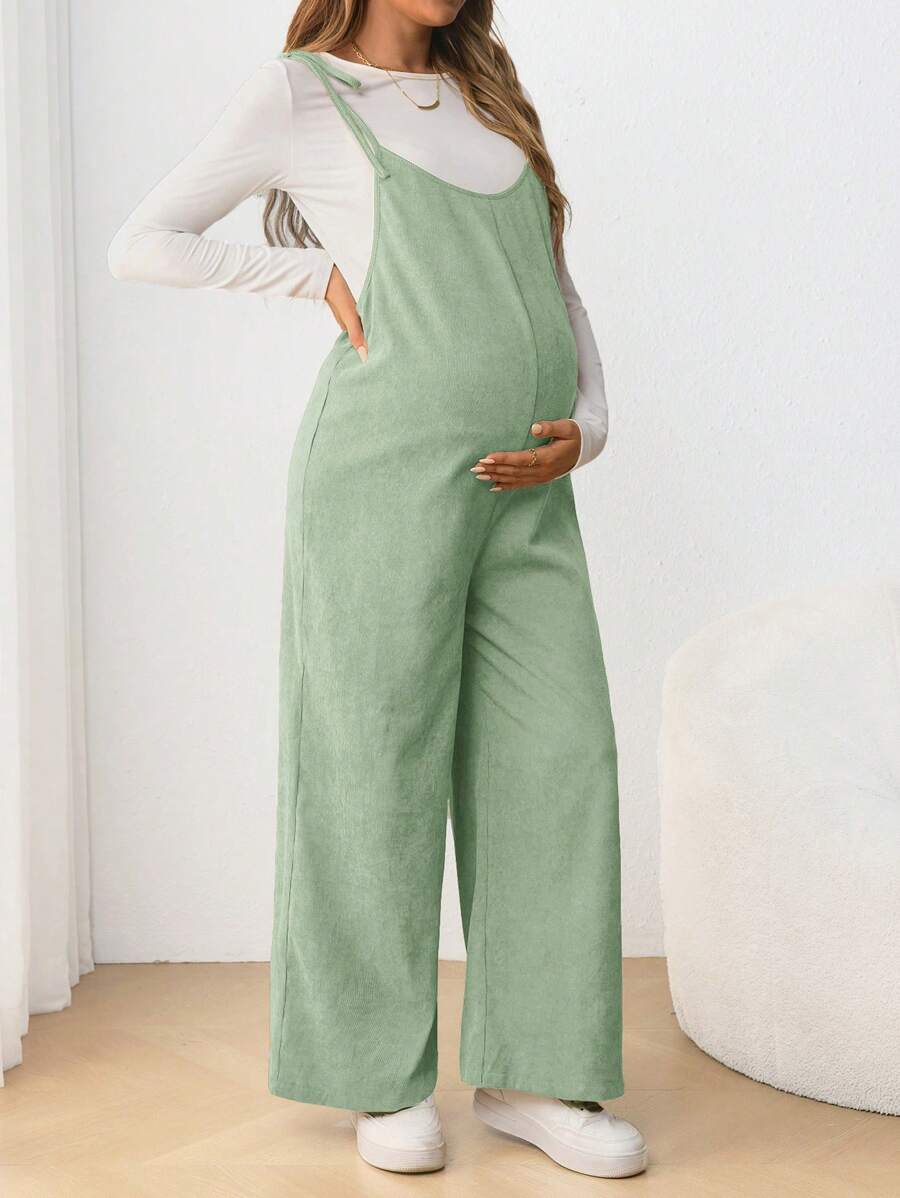 Maternity Casual Spaghetti Strap Bow Knot Long Jumpsuit Mocha Brown Regular Fit Sleeveless Overall for Daily Wear and Easter