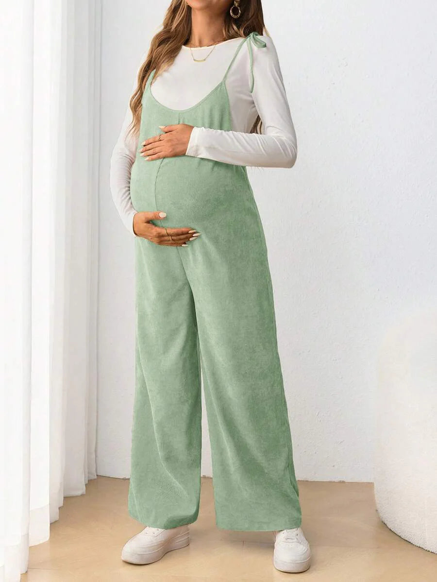 Maternity Casual Spaghetti Strap Bow Knot Long Jumpsuit Mocha Brown Regular Fit Sleeveless Overall for Daily Wear and Easter