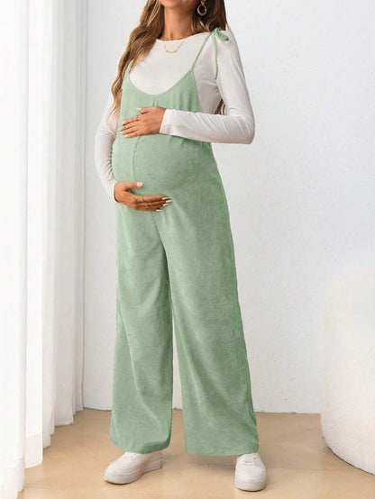 Maternity Casual Spaghetti Strap Bow Knot Long Jumpsuit Mocha Brown Regular Fit Sleeveless Overall for Daily Wear and Easter
