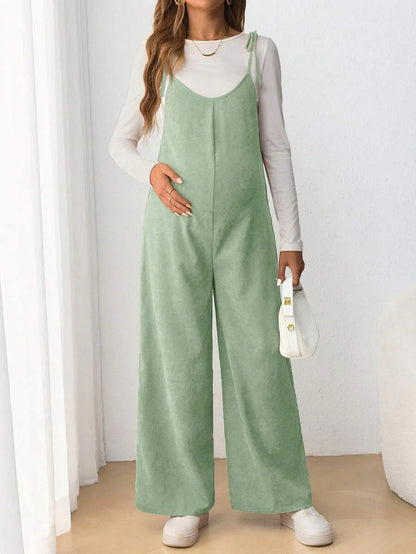 Maternity Casual Spaghetti Strap Bow Knot Long Jumpsuit Mocha Brown Regular Fit Sleeveless Overall for Daily Wear and Easter