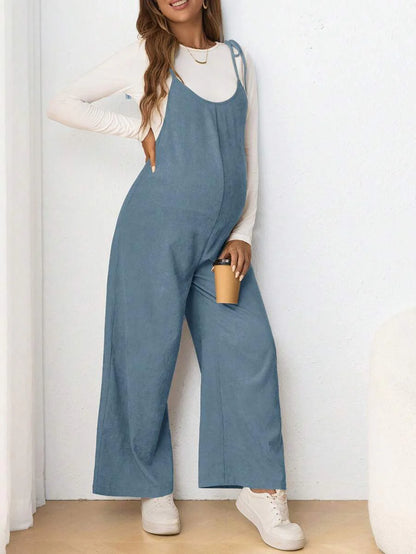 Maternity Casual Spaghetti Strap Bow Knot Long Jumpsuit Mocha Brown Regular Fit Sleeveless Overall for Daily Wear and Easter
