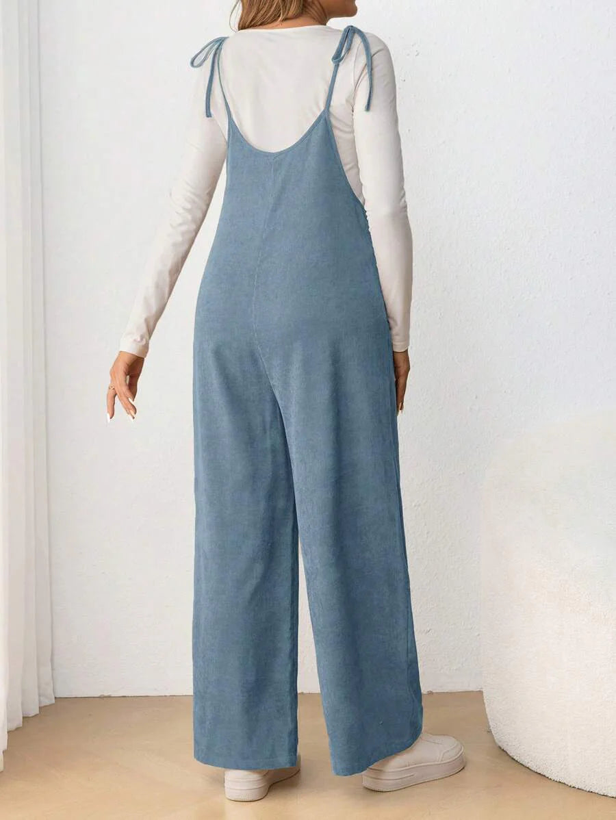 Maternity Casual Spaghetti Strap Bow Knot Long Jumpsuit Mocha Brown Regular Fit Sleeveless Overall for Daily Wear and Easter