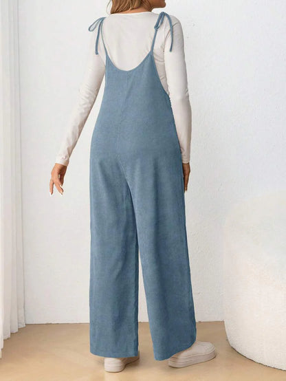 Maternity Casual Spaghetti Strap Bow Knot Long Jumpsuit Mocha Brown Regular Fit Sleeveless Overall for Daily Wear and Easter