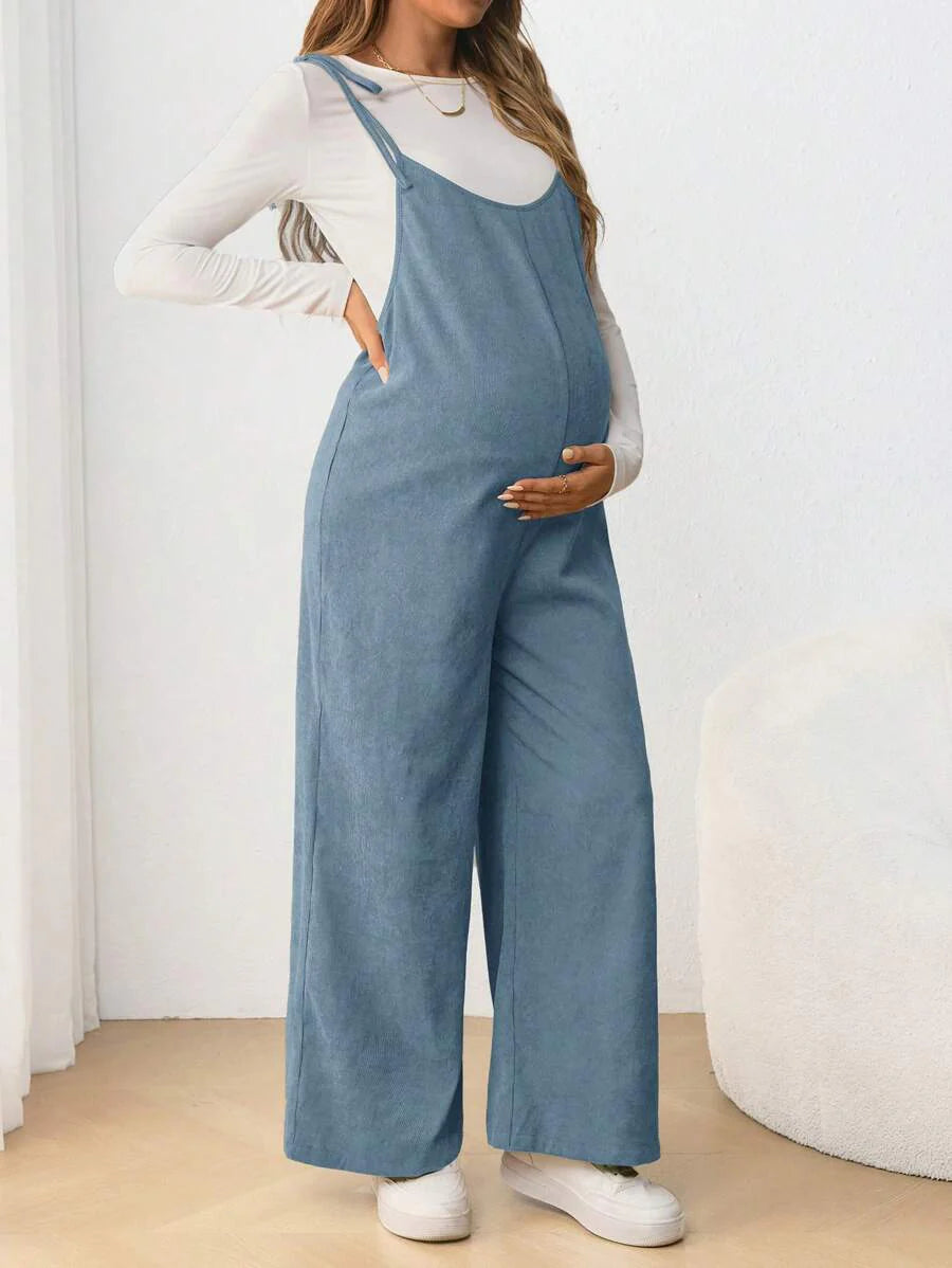 Maternity Casual Spaghetti Strap Bow Knot Long Jumpsuit Mocha Brown Regular Fit Sleeveless Overall for Daily Wear and Easter