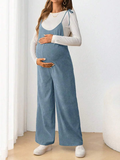 Maternity Casual Spaghetti Strap Bow Knot Long Jumpsuit Mocha Brown Regular Fit Sleeveless Overall for Daily Wear and Easter