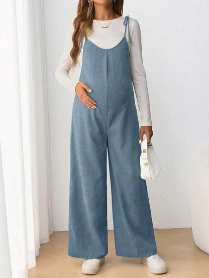Maternity Casual Spaghetti Strap Bow Knot Long Jumpsuit Mocha Brown Regular Fit Sleeveless Overall for Daily Wear and Easter
