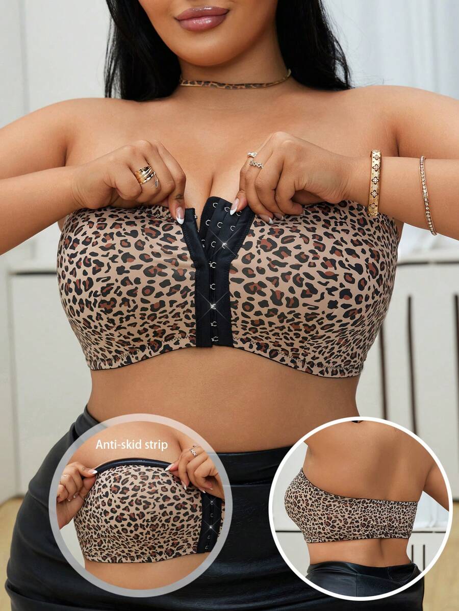 Plus Size Non-Slip Strapless Leopard Print One-Piece Bralette - Classic Animal Print