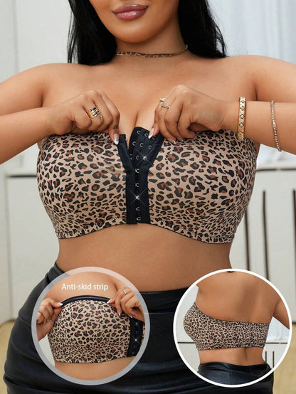 Plus Size Non-Slip Strapless Leopard Print One-Piece Bralette - Classic Animal Print