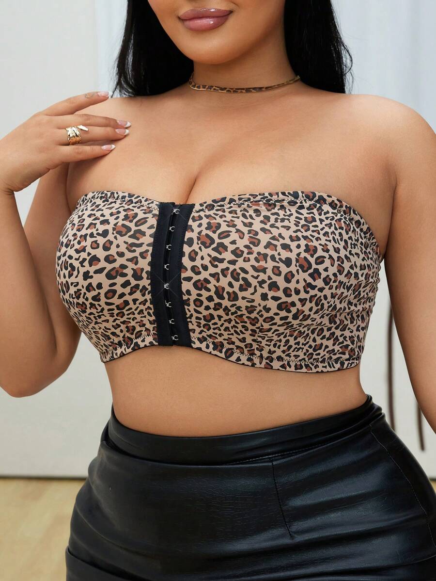 Plus Size Non-Slip Strapless Leopard Print One-Piece Bralette - Classic Animal Print