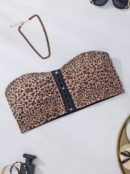 Plus Size Non-Slip Strapless Leopard Print One-Piece Bralette - Classic Animal Print
