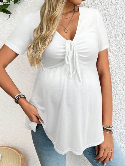 Maternity V-Neck Long Sleeve T-Shirt - Slim Fit Ruched Ruffle Hem Knitted Casual Top for Beach and Daily Wear