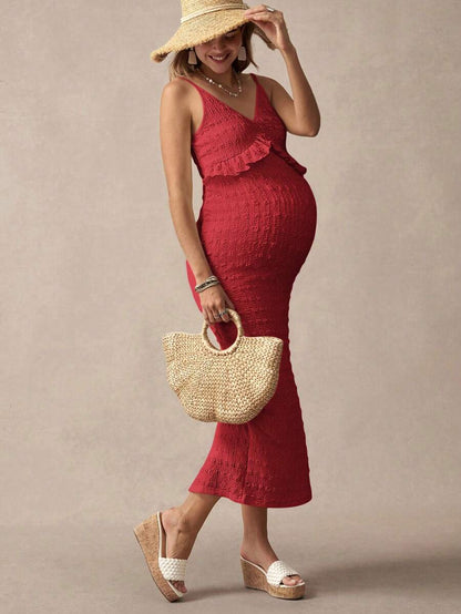 Khaki Striped Ruffled Slit Maternity Dress, Stylish For Dates, Maternity Wear, Maternity Dresses, Maternity-Friendly Clothing, Summer Maternity Wear, Best Maternity Wear, Beach Vacation, Summer Leisure Vacation.
