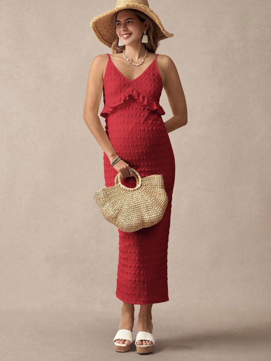 Khaki Striped Ruffled Slit Maternity Dress, Stylish For Dates, Maternity Wear, Maternity Dresses, Maternity-Friendly Clothing, Summer Maternity Wear, Best Maternity Wear, Beach Vacation, Summer Leisure Vacation.
