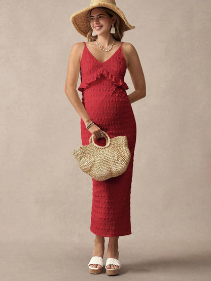 Khaki Striped Ruffled Slit Maternity Dress, Stylish For Dates, Maternity Wear, Maternity Dresses, Maternity-Friendly Clothing, Summer Maternity Wear, Best Maternity Wear, Beach Vacation, Summer Leisure Vacation.