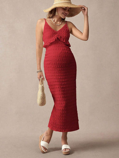 Khaki Striped Ruffled Slit Maternity Dress, Stylish For Dates, Maternity Wear, Maternity Dresses, Maternity-Friendly Clothing, Summer Maternity Wear, Best Maternity Wear, Beach Vacation, Summer Leisure Vacation.