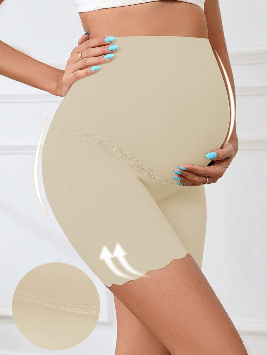 Maternity Seamless Lace Patchwork Briefs - High Rise Coffee Brown Scallop Trim Comfortable Pregnancy Underwear