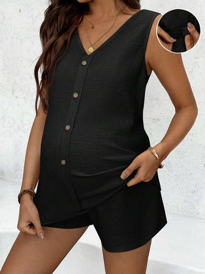 Maternity 2-Piece Set - V Neck Camisole Top & Mini Shorts, Button, Regular Fit, Black