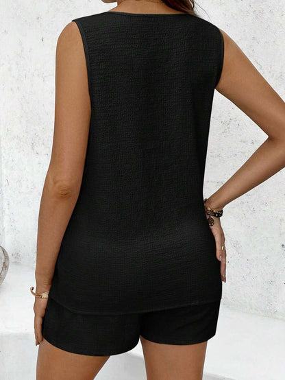 Maternity 2-Piece Set - V Neck Camisole Top & Mini Shorts, Button, Regular Fit, Black