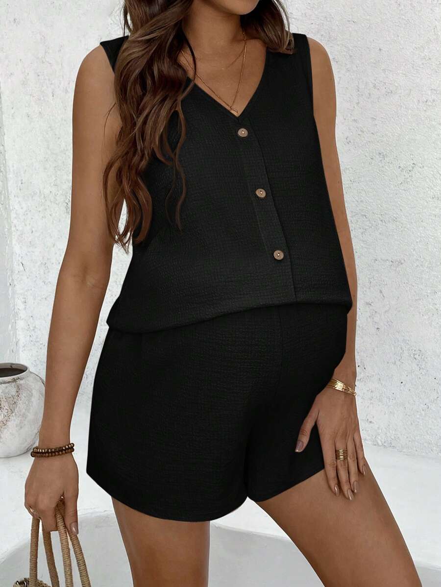Maternity 2-Piece Set - V Neck Camisole Top & Mini Shorts, Button, Regular Fit, Black