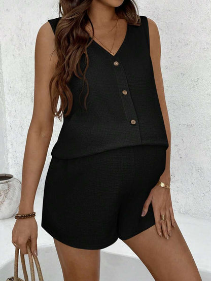 Maternity 2-Piece Set - V Neck Camisole Top & Mini Shorts, Button, Regular Fit, Black