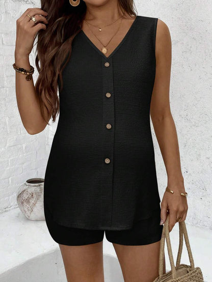 Maternity 2-Piece Set - V Neck Camisole Top & Mini Shorts, Button, Regular Fit, Black