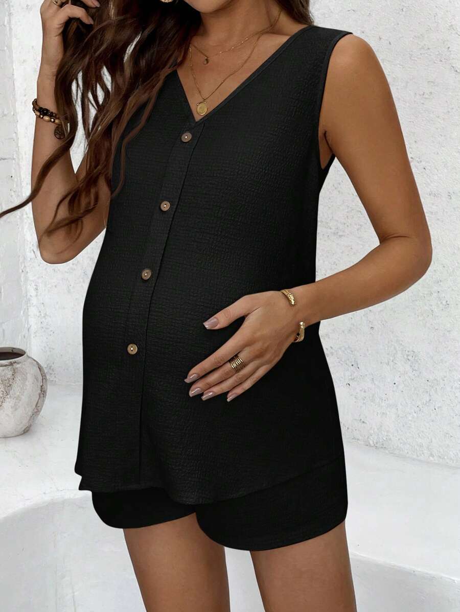 Maternity 2-Piece Set - V Neck Camisole Top & Mini Shorts, Button, Regular Fit, Black