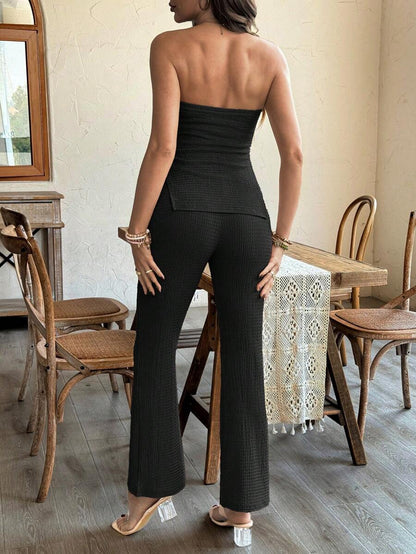 Maternity 2 Piece Set Strapless Bandeau Tube Top and Split Hem Flare Pants Slim Fit Knit Casual Pregnancy Outfit in Blue
