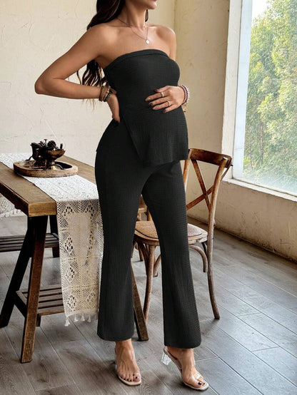 Maternity 2 Piece Set Strapless Bandeau Tube Top and Split Hem Flare Pants Slim Fit Knit Casual Pregnancy Outfit in Blue