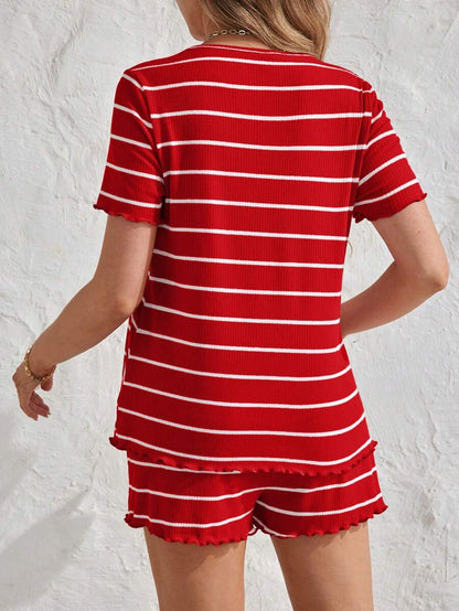 Maternity Striped Pajama Set - Round Neck Tee & Track Shorts, Frill, Regular Fit, Pink