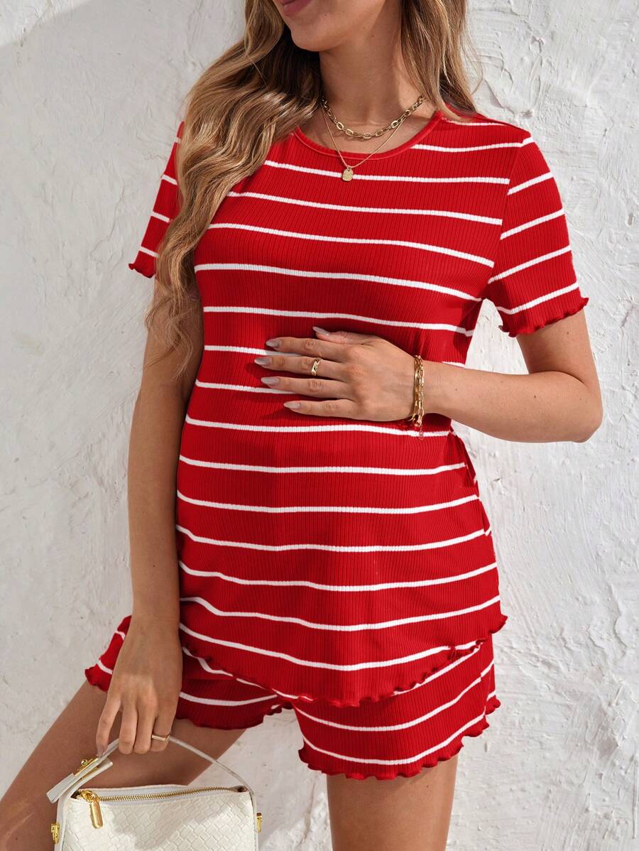 Maternity Striped Pajama Set - Round Neck Tee & Track Shorts, Frill, Regular Fit, Pink