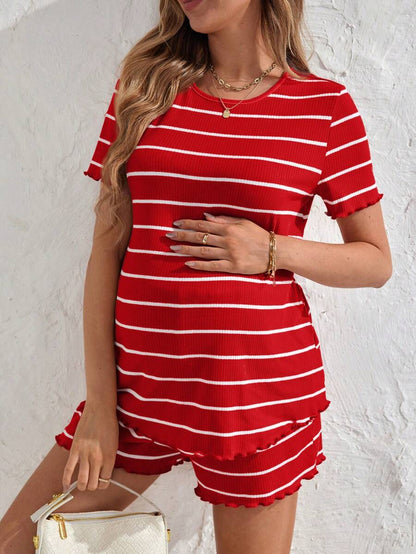 Maternity Striped Pajama Set - Round Neck Tee & Track Shorts, Frill, Regular Fit, Pink