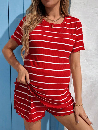 Maternity Striped Pajama Set - Round Neck Tee & Track Shorts, Frill, Regular Fit, Pink