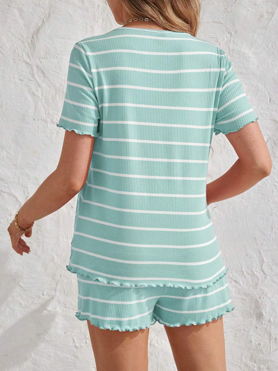 Maternity Striped Pajama Set - Round Neck Tee & Track Shorts, Frill, Regular Fit, Pink