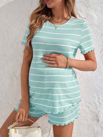 Maternity Striped Pajama Set - Round Neck Tee & Track Shorts, Frill, Regular Fit, Pink